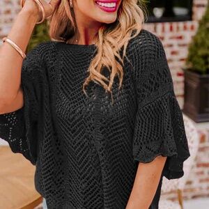 B131 Black Pointelle Knit Scallop Edge Short Sleeve Top
